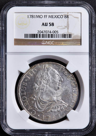 【俄甄集藏】2026年(049)03-18星期三 晚 19:30 全场包邮 - 西属墨西哥1781年卡洛斯三世Mo FF版8里亚尔双柱大银币，NGC AU58，类精制底板，原光品相，打制周正难得