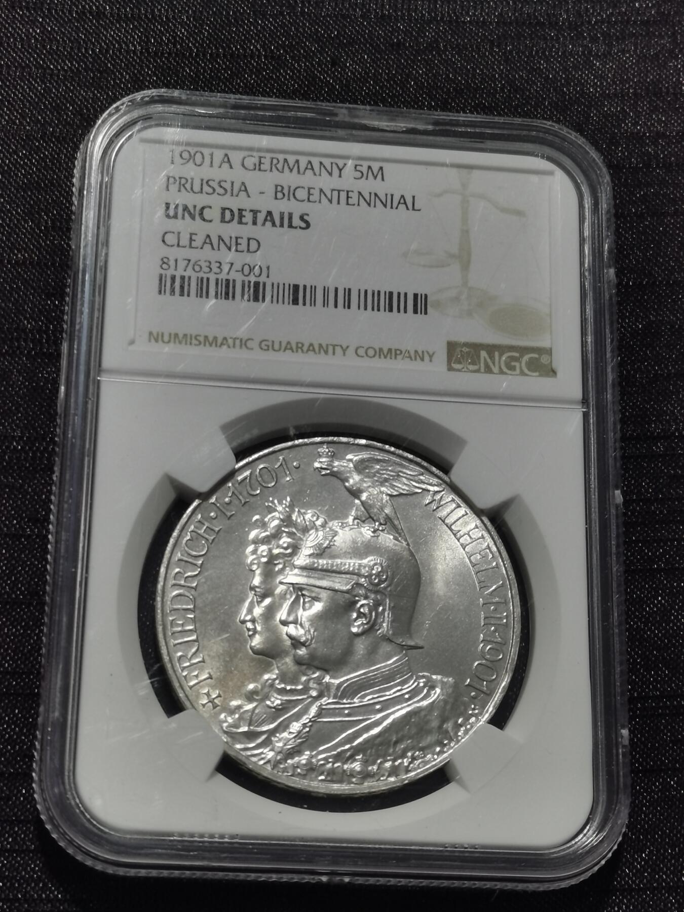 天下钱庄专场欢迎参拍 NGC UNC德国普鲁士建国200周年5马克银币
