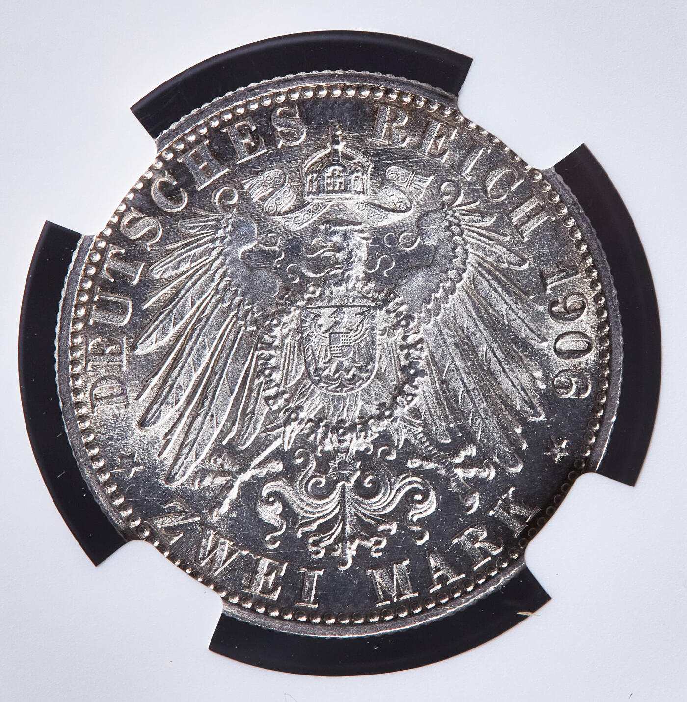 【俄甄集藏】2026年(049)03-18星期三 晚 19:30 全场包邮 德国巴登1906年弗里德里希一世金婚2马克银币，NGC MS63，转光品相，铸纹清晰，经典品种