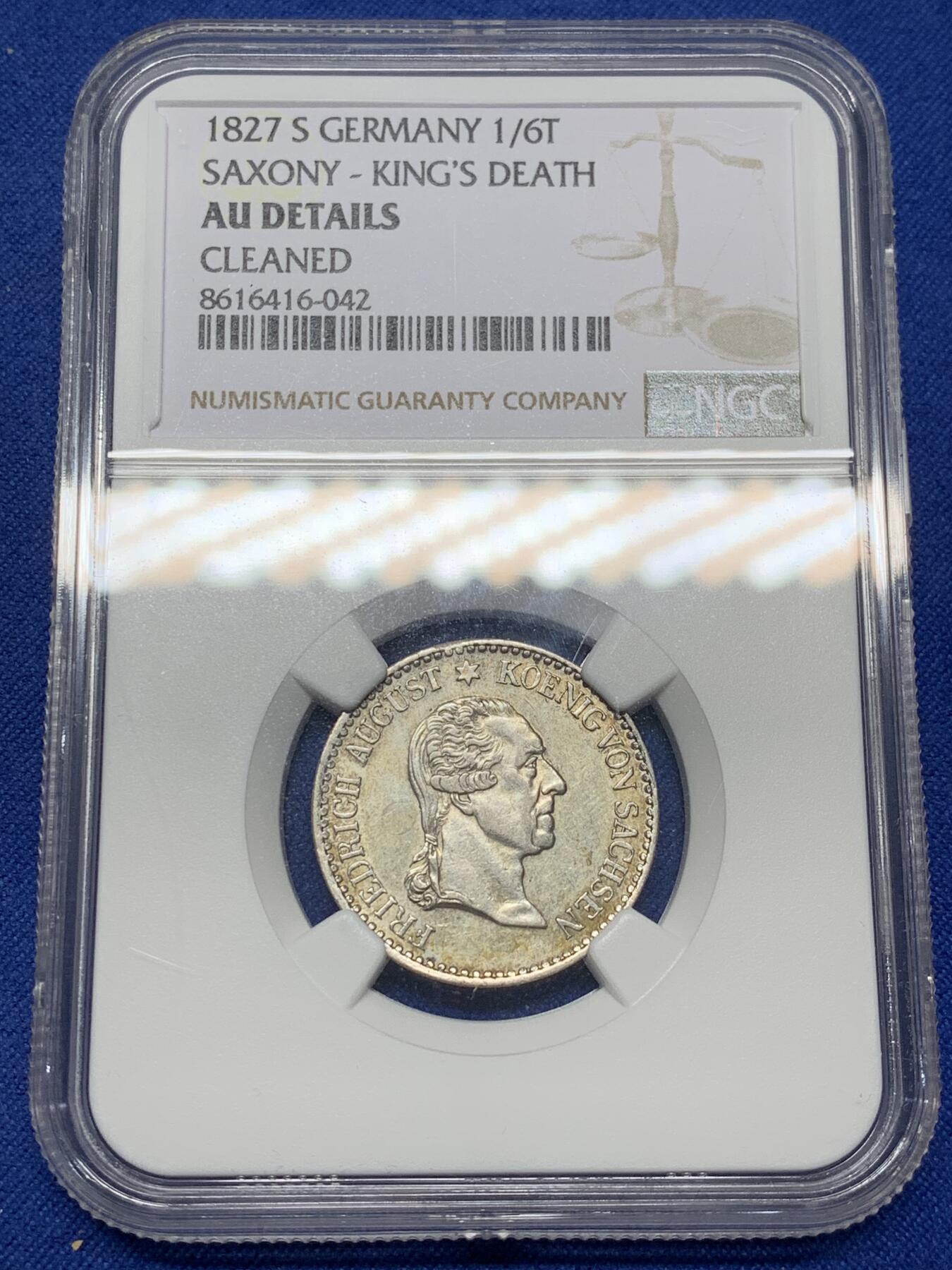 《竞宝斋》第471场 周日，周一，周二 3场连拍 （全场包邮）欢迎送拍 NGC AUD 德国萨克森王国1827年1/6泰勒，国王弗里德里希一世逝世纪念银币，发行量4.8w枚，少见品种。