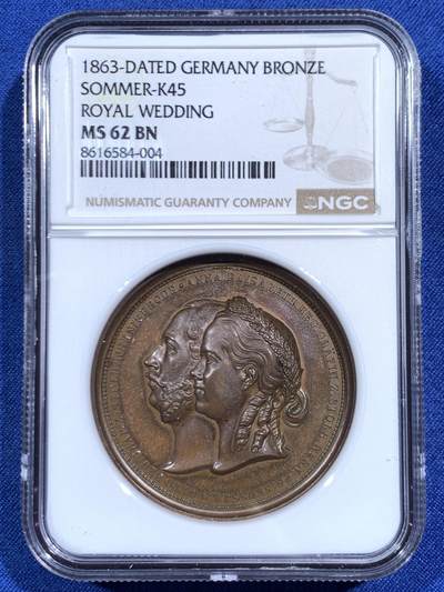 《竞宝斋》第471场 周日，周一，周二 3场连拍 （全场包邮）欢迎送拍 - NGC MS62BN 德国 1863 安娜·伊丽莎白公主与施托尔贝格-韦尼格罗德伯爵 婚礼纪念铜章 双面高浮雕 加厚盒装 品种少见