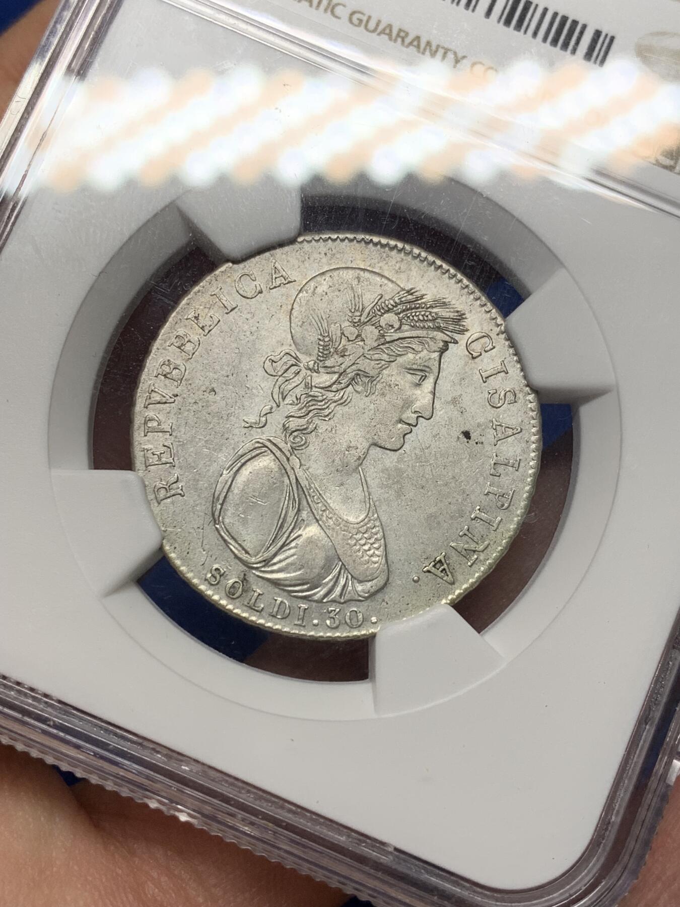 《竞宝斋》第471场 周日，周一，周二 3场连拍 （全场包邮）欢迎送拍 NGC AUD 意大利 阿尔卑斯（山南）共和国 1801年 30索尔迪 银币 拿破仑在意大利北部建立的国家 仅存在4年 很少见的品种