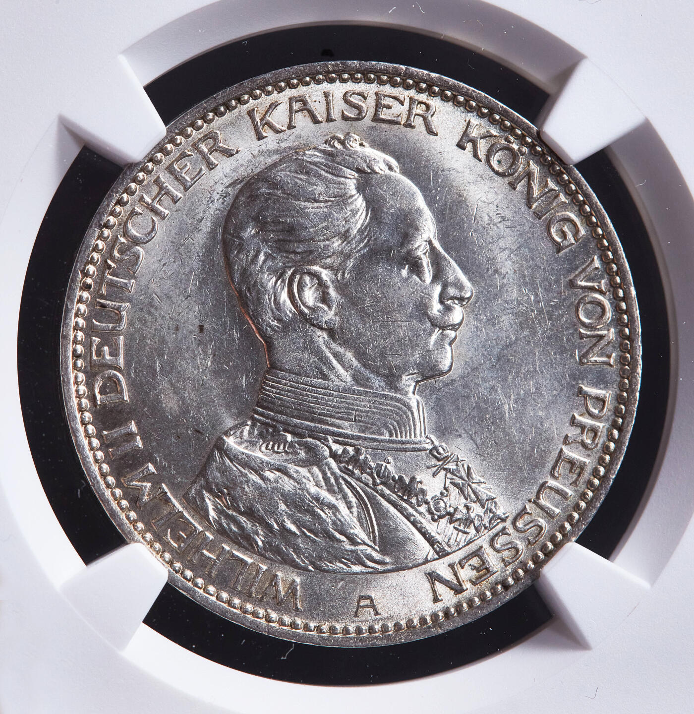 【俄甄集藏】2026年(049)03-18星期三 晚 19:30 全场包邮 德国普鲁士1914年A版威廉二世军装3马克银币，NGC MS63，黄油彩老包浆，转光品相，少见年份版本