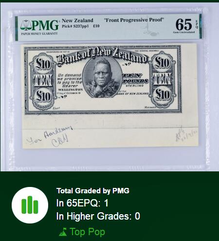 【Blue Auction】世界纸币精拍第795期——18级TOP拍卖/信誉/品质/专业/高效💫 【唯一冠军&唯一记录 非常珍罕 BWC出品 正面渐进印样】新西兰 1024年10镑高值  毛利人的第二任国王塔霍奥特写雕刻精美 PMG65EPQ 大票幅（带边铭 审核人手签签名 写了22年9月21日通过 意义重大）