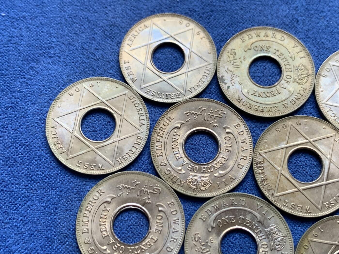 《竞宝斋》第471场 周日，周一，周二 3场连拍 （全场包邮）欢迎送拍 10枚一组 英属西非1908年爱德华七世1/10便士 好品