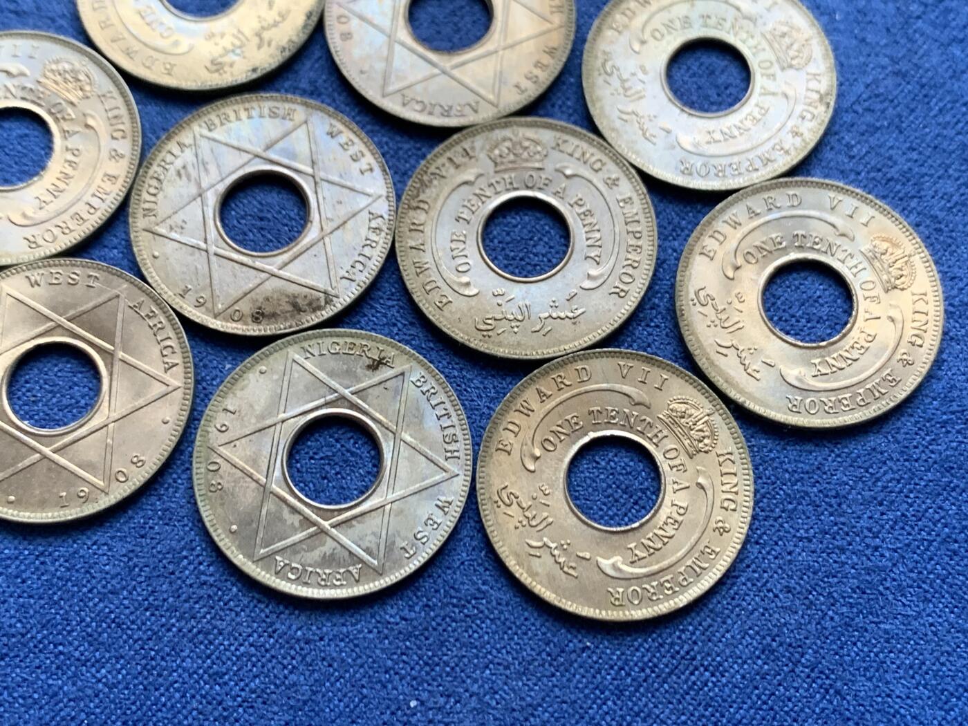 《竞宝斋》第471场 周日，周一，周二 3场连拍 （全场包邮）欢迎送拍 10枚一组 英属西非1908年爱德华七世1/10便士 好品