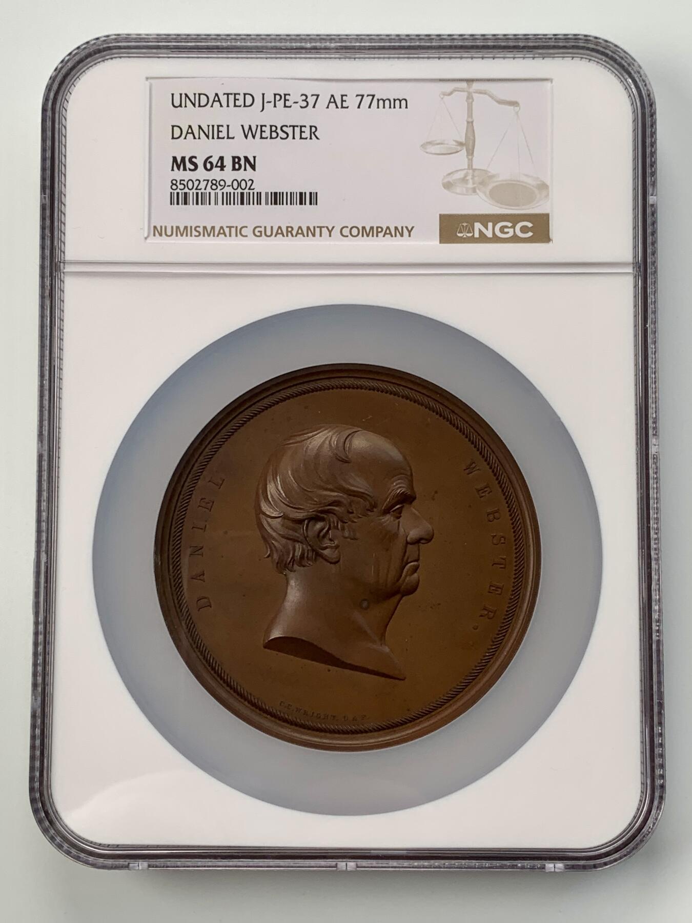 掌中浮雕-藏着的欧洲第055场 NGC MS64 : 19世纪美国古典大铜章丹尼尔.韦伯斯特铜章，77mm