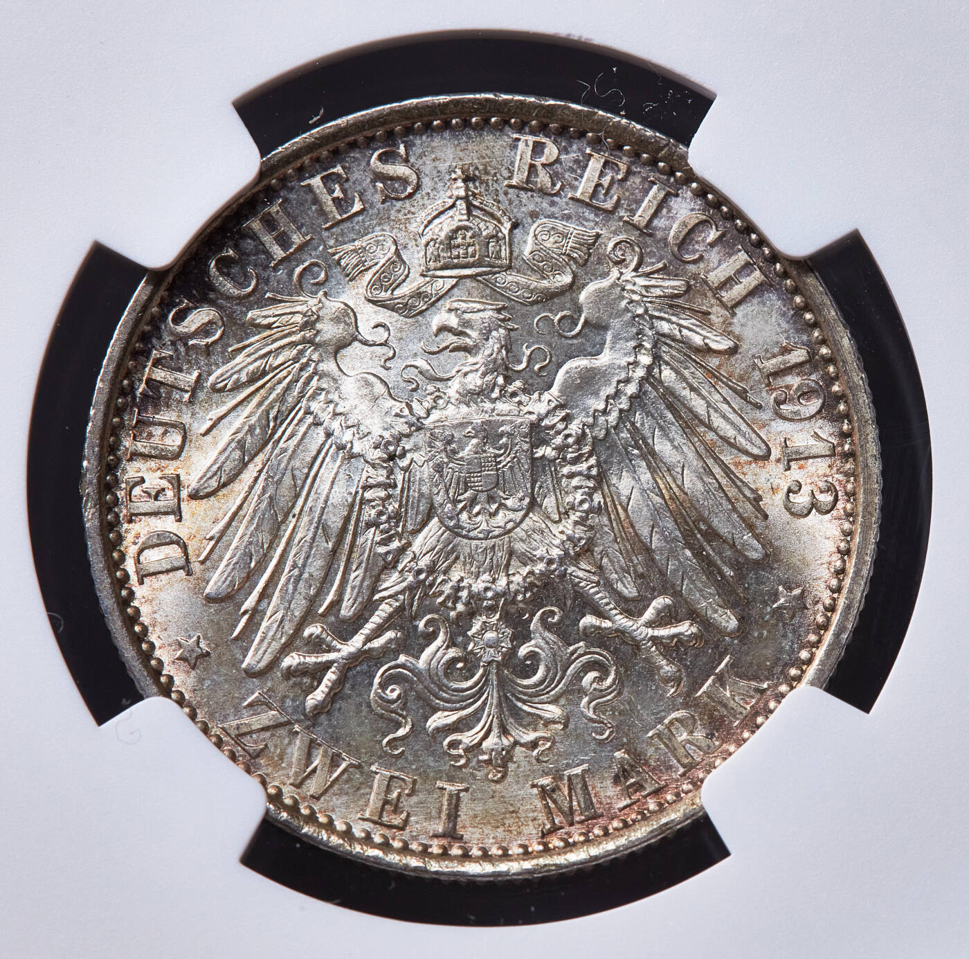 【俄甄集藏】2026年(049)03-18星期三 晚 19:30 全场包邮 德国普鲁士1913年A版威廉二世军装2马克银币，NGC MS65，黄油彩老包浆，顶级十字转光品相