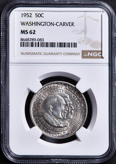 【俄甄集藏】2026年(049)03-18星期三 晚 19:30 全场包邮 - 美国1952年纪念非洲裔农业学家乔治·卡弗与教育家布克·华盛顿50美分银币，NGC MS62，原光品相