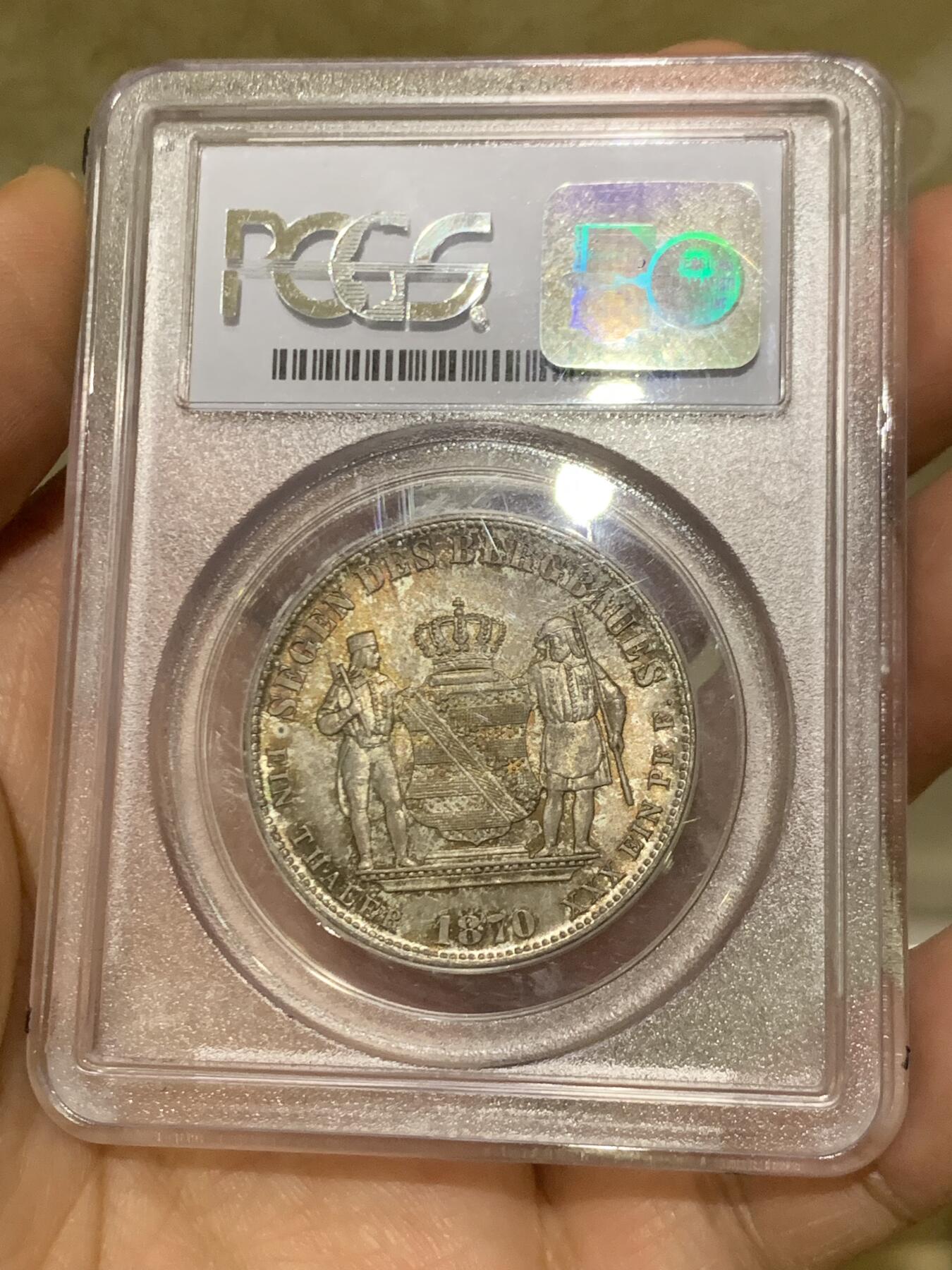 《竞宝斋》第471场 周日，周一，周二 3场连拍 （全场包邮）欢迎送拍 PCGS MS66 德国 1870B 萨克森矿业泰勒 亚军分！PCGS老盒严评，图案高点十分锐利。