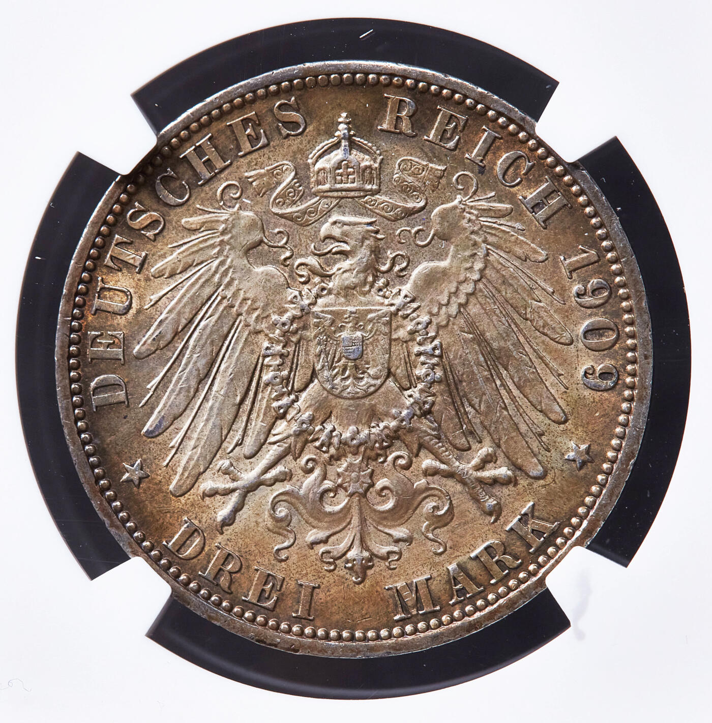 【俄甄集藏】2026年(049)03-18星期三 晚 19:30 全场包邮 德国普鲁士1909年A版威廉二世3马克银币，NGC AUD，黄油金彩原味老包浆，原光品相，疑似错杀，味道一流