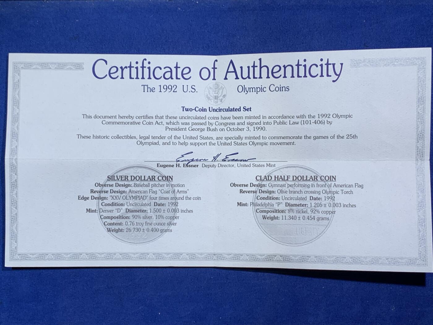 《竞宝斋》第471场 周日，周一，周二 3场连拍 （全场包邮）欢迎送拍 两枚一组 美国1992年第25届奥运会50美分/1美元纪念币 其中1美元是银币（900银 26.7克） 带证书