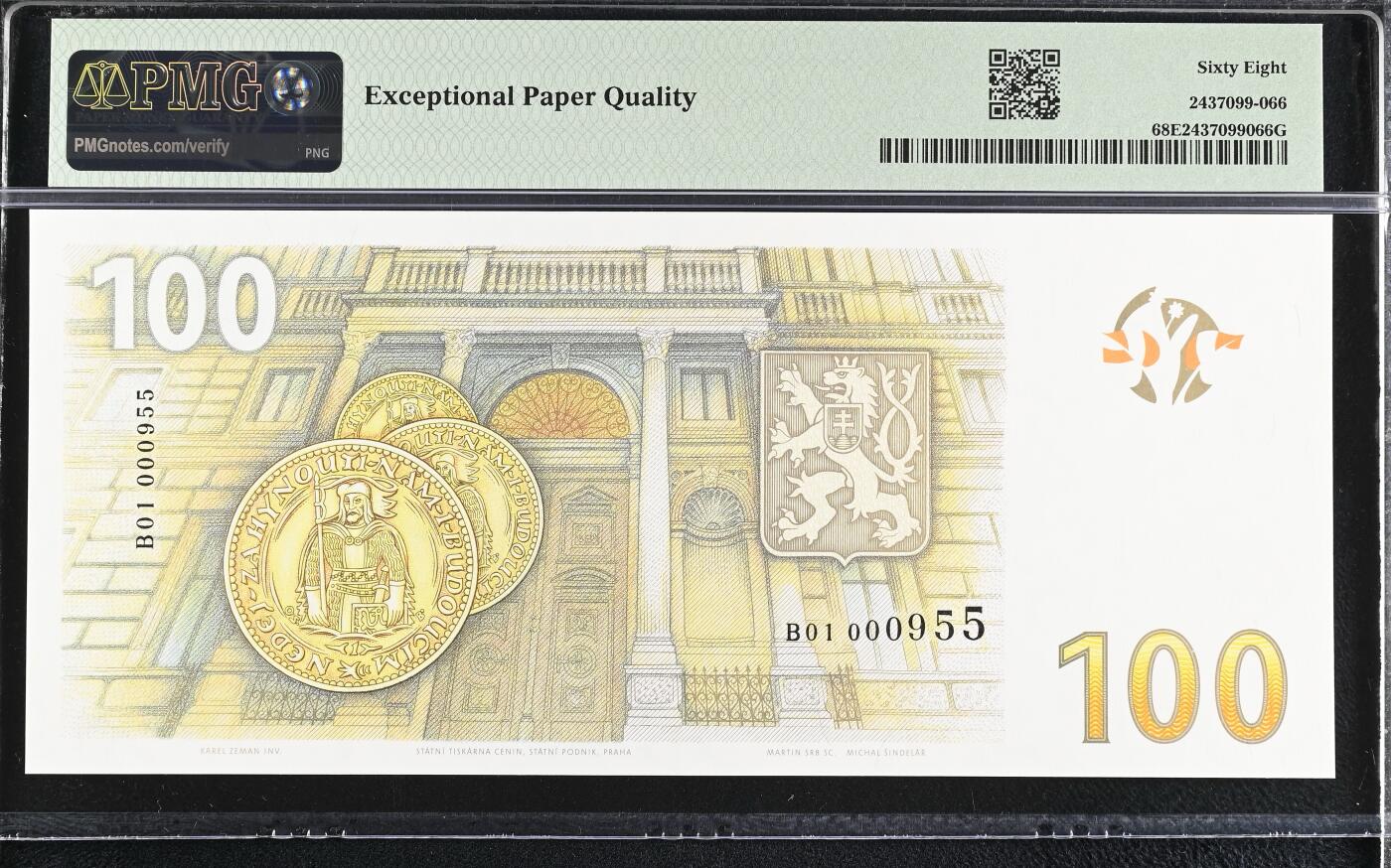 《外钞收藏家》第六百一十八期（精品场）（长期征集拍品、欢迎藏友们联系合作） 【无47超高分PMG68发行量2000张】非常稀少的捷克纪念货币发行100周年的100捷克克朗 超级高分PMG68 超级百位靓号 九五至尊号 捷克的纪念钞印刷非常精美 大票幅满版水印 极其稀少的发行量 成为收藏爱好者的必入单品
