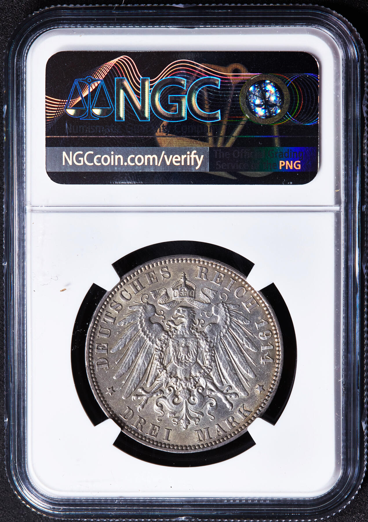 【俄甄集藏】2026年(049)03-18星期三 晚 19:30 全场包邮 德国汉堡1914年J版3马克银币，NGC AU55，黄油彩原味包浆，原光品相，疑似低评