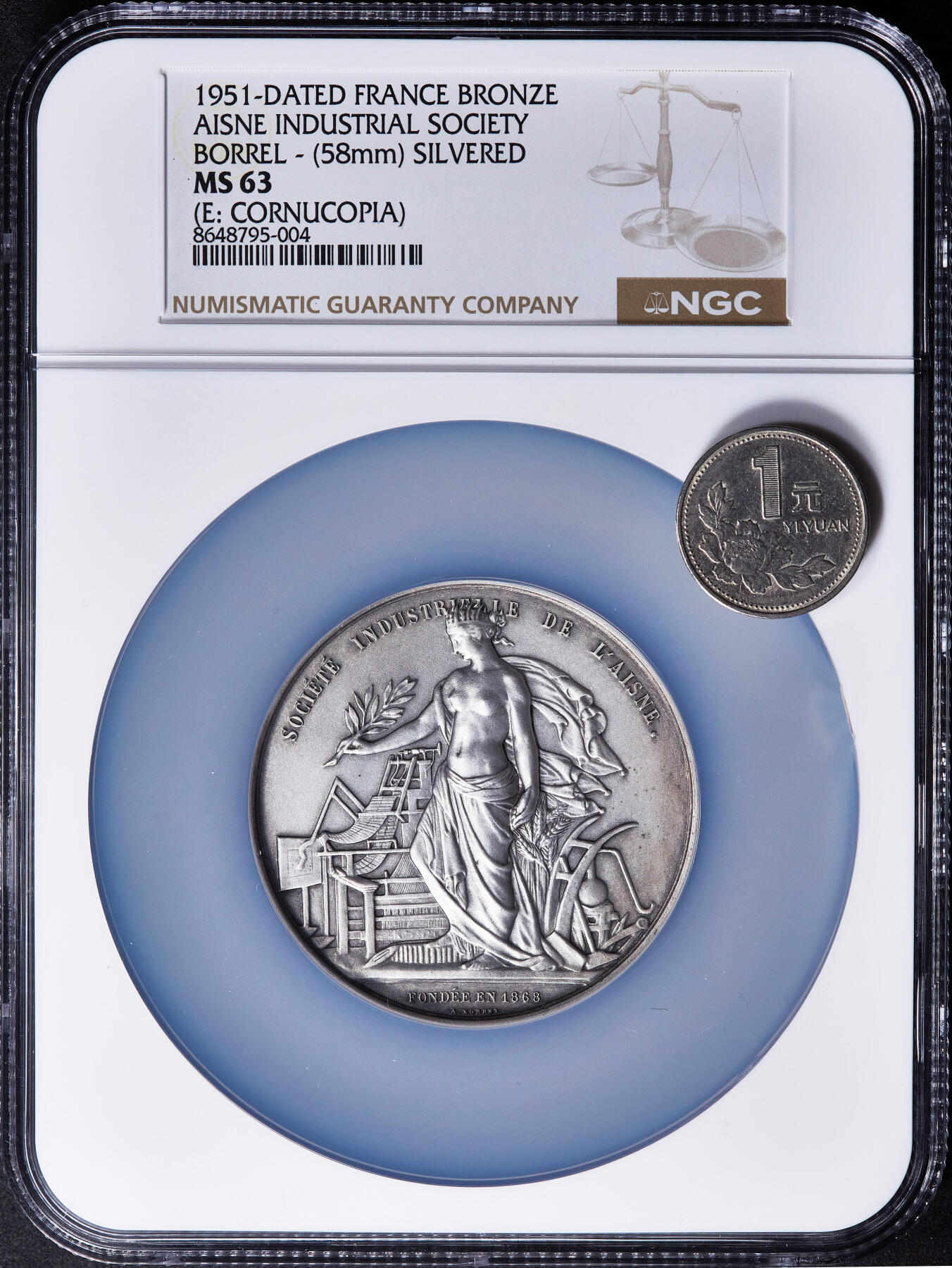【俄甄集藏】2026年(049)03-18星期三 晚 19:30 全场包邮 法国1951年工业女神站像埃纳省工业协会镀银大铜章，NGC MS63，直径58mm，丰饶角铭，授予P·法尔夫表彰在铸造行业20年服务的贡献，雕刻师博雷尔作品