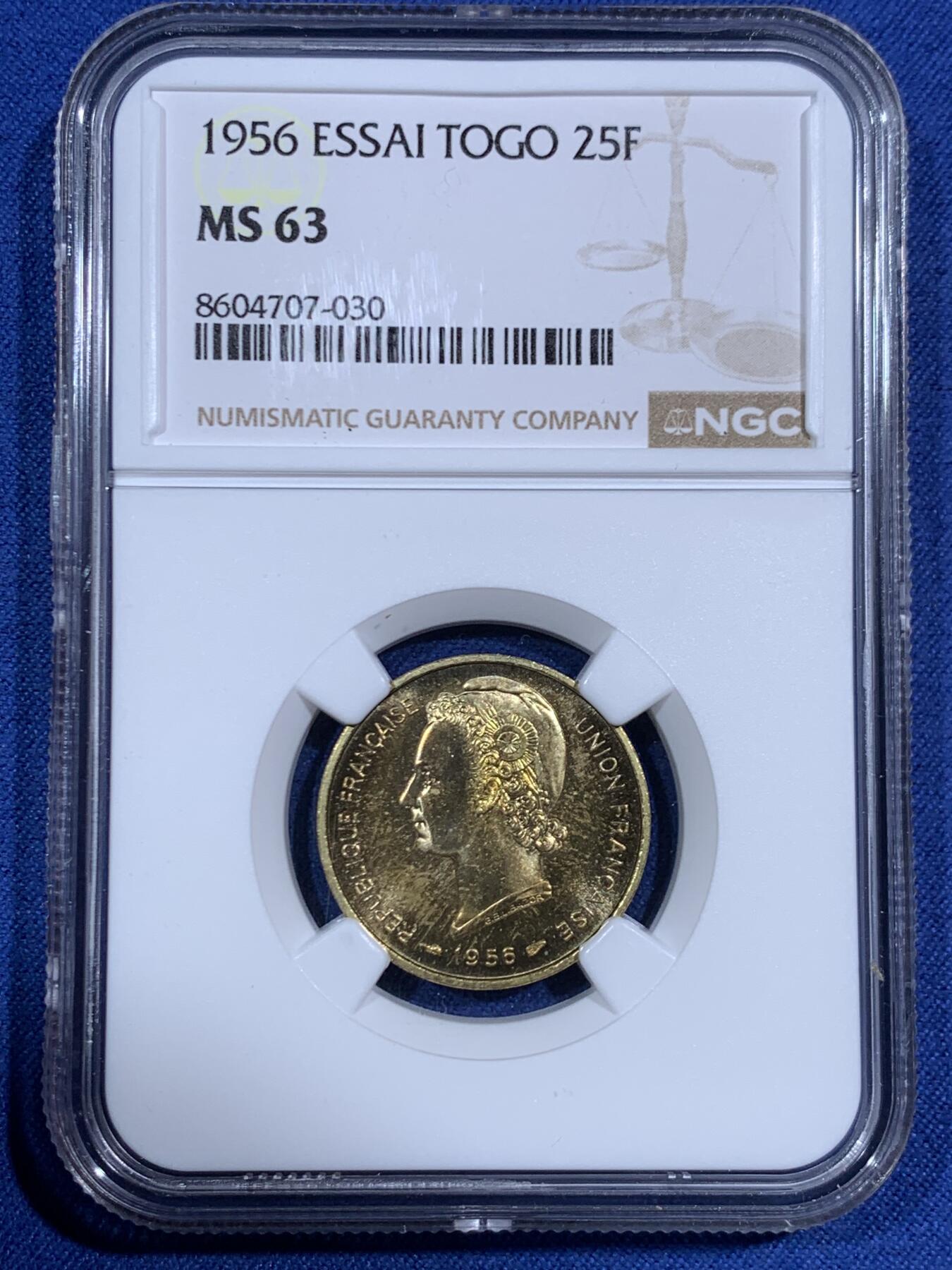 《竞宝斋》第471场 周日，周一，周二 3场连拍 （全场包邮）欢迎送拍 3枚一组 NGC MS63-64 法属多哥 1956年 5/10/25法郎 ESSAI样币 3枚一组确实不易 10法郎N标签面值错误 可自行联系N免费更换