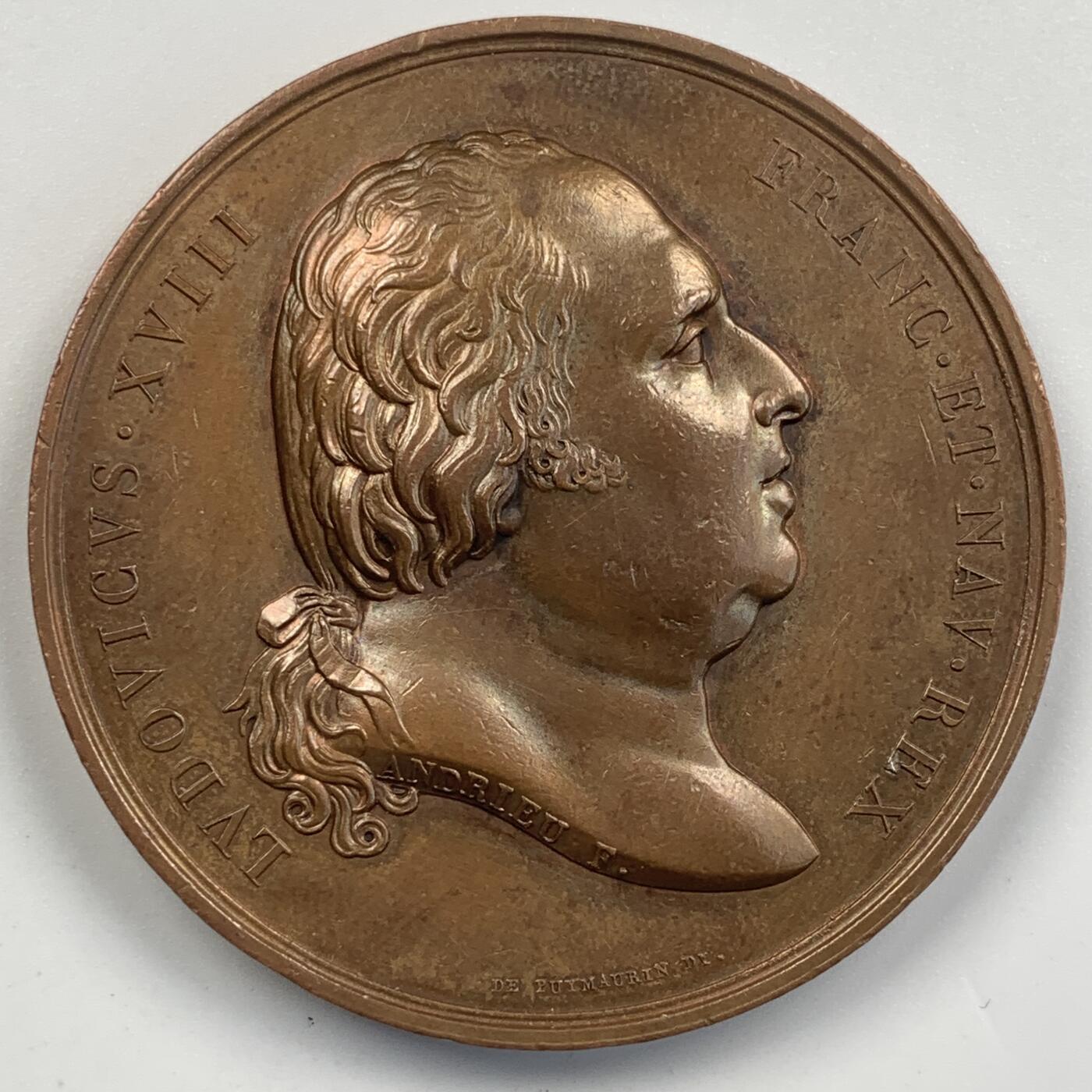 掌中浮雕-藏着的欧洲第055场 1820年法国路易十八头像，多尔多涅大桥开通纪念铜章，50mm，光边