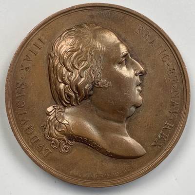 掌中浮雕-藏着的欧洲第055场 - 1820年法国路易十八头像，多尔多涅大桥开通纪念铜章，50mm，光边