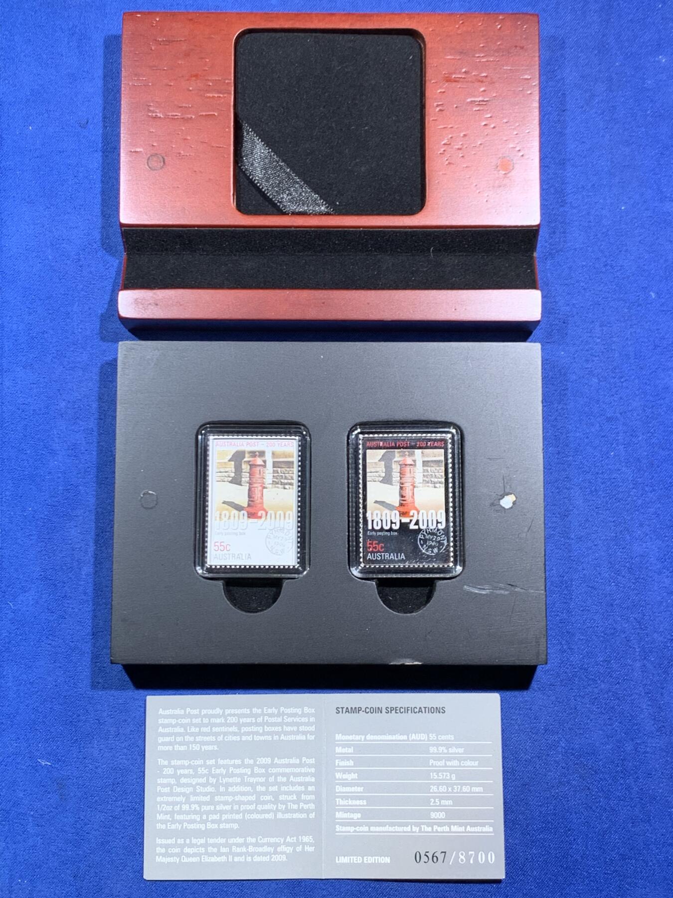 《竞宝斋》第471场 周日，周一，周二 3场连拍 （全场包邮）欢迎送拍 澳大利亚2009年55分彩色精制银币邮票套 邮筒200年纪念 999银15.573克 发行量9千 盒证全