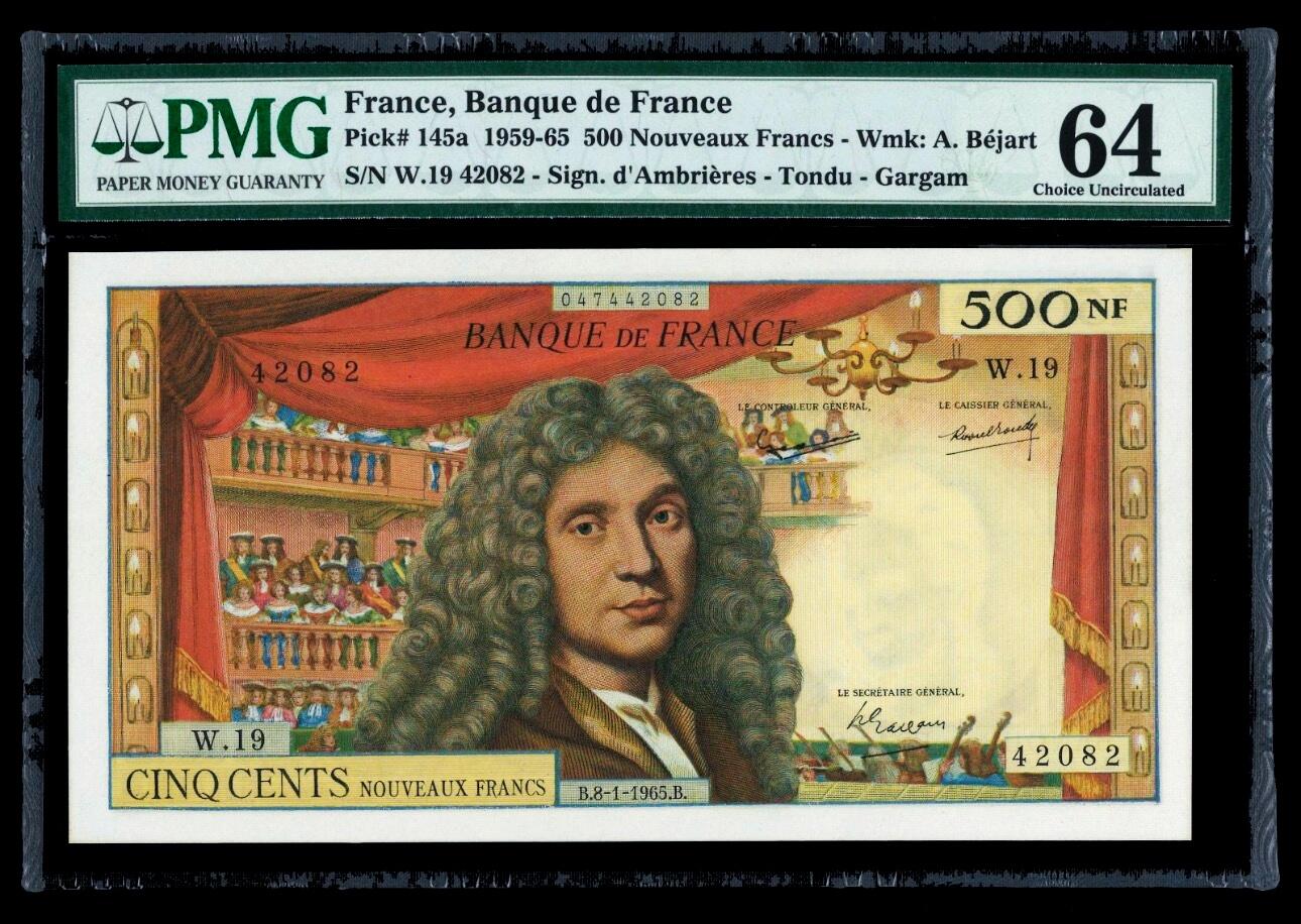 【Blue Auction】世界纸币精拍第795期——18级TOP拍卖/信誉/品质/专业/高效💫 法国 1965年500新法郎 戏剧家莫里哀 经典 非常漂亮 PMG64 大票幅