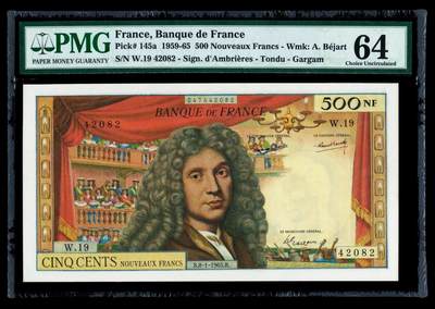 【Blue Auction】世界纸币精拍第795期——18级TOP拍卖/信誉/品质/专业/高效💫 - 法国 1965年500新法郎 戏剧家莫里哀 经典 非常漂亮 PMG64 大票幅