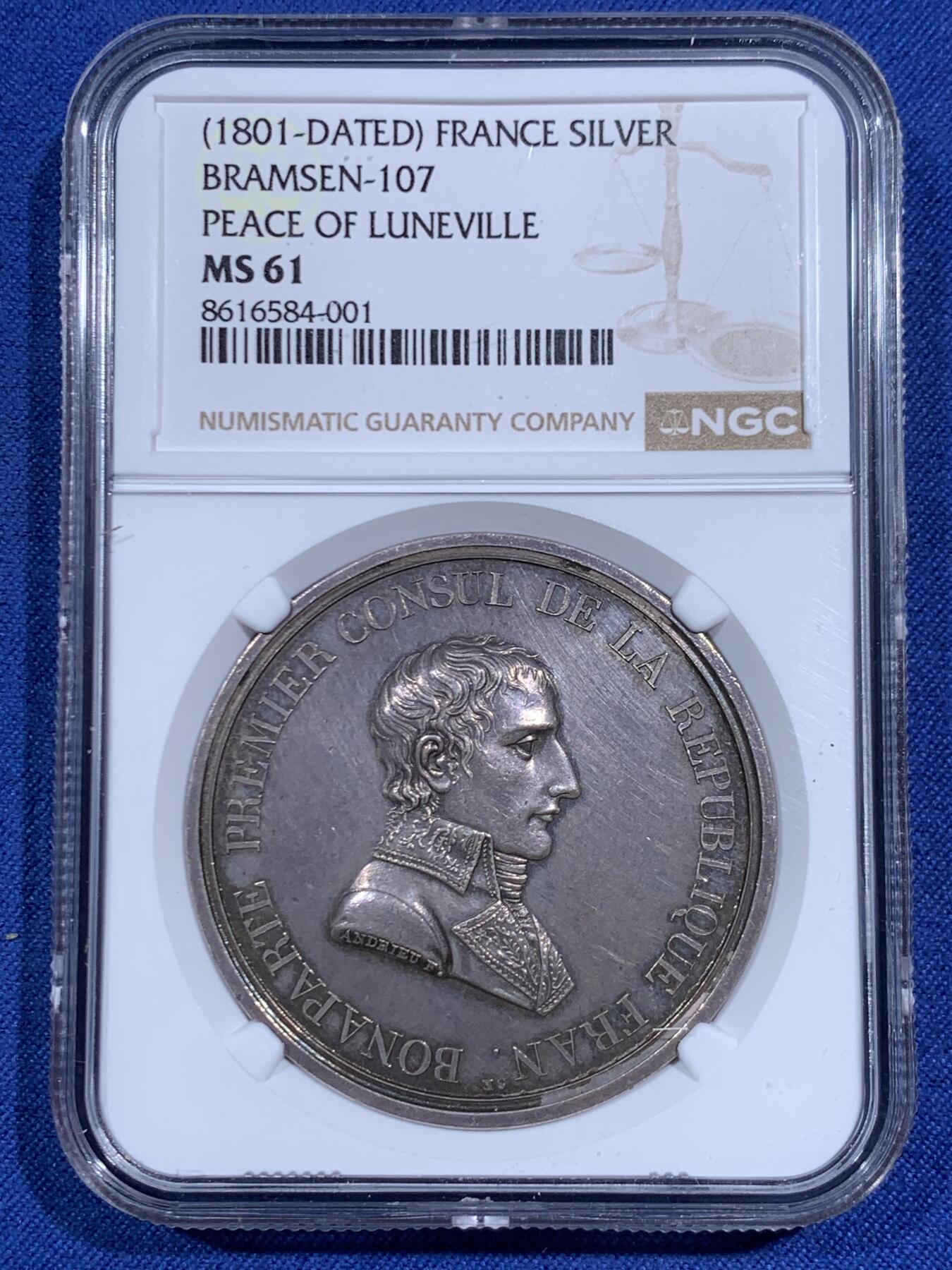 《竞宝斋》第471场 周日，周一，周二 3场连拍 （全场包邮）欢迎送拍 NGC MS61 法国 1801 拿破仑·波拿巴首任法兰西共和国执政官 纪念银章 品质细节极佳 值得入藏的品种