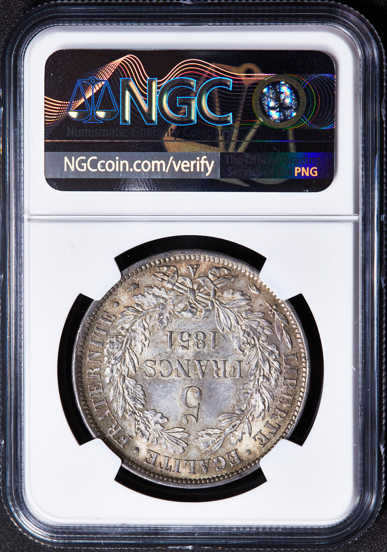 【俄甄集藏】2026年(049)03-18星期三 晚 19:30 全场包邮 法国1851年第二共和国A版谷物女神头像5法郎大银币，NGC MS63，黄油环彩，转光品相，经典品种