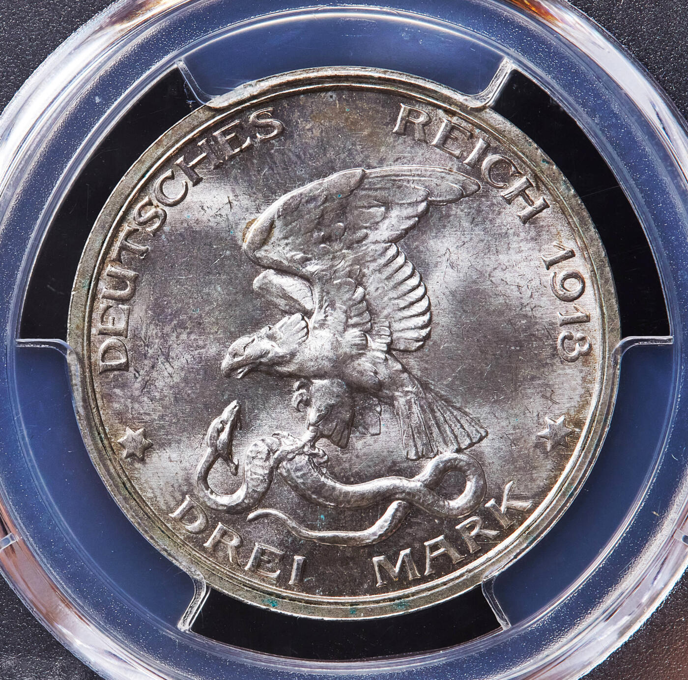 【俄甄集藏】2026年(049)03-18星期三 晚 19:30 全场包邮 德国普鲁士1913年A版反法战争胜利百年3马克银币，PCGS MS65，黄油彩包浆，转光品相