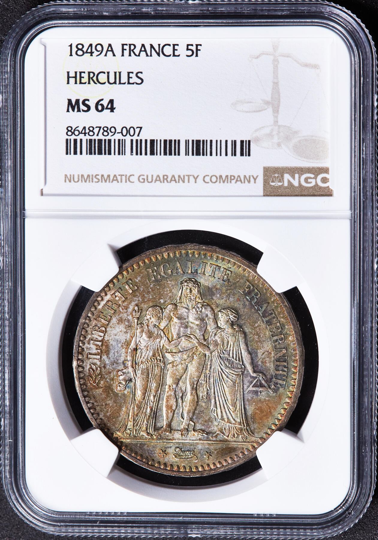 【俄甄集藏】2026年(049)03-18星期三 晚 19:30 全场包邮 法国1849年第二共和国A版大力神5法郎大银币，NGC MS64，五彩，转光品相，少见高分