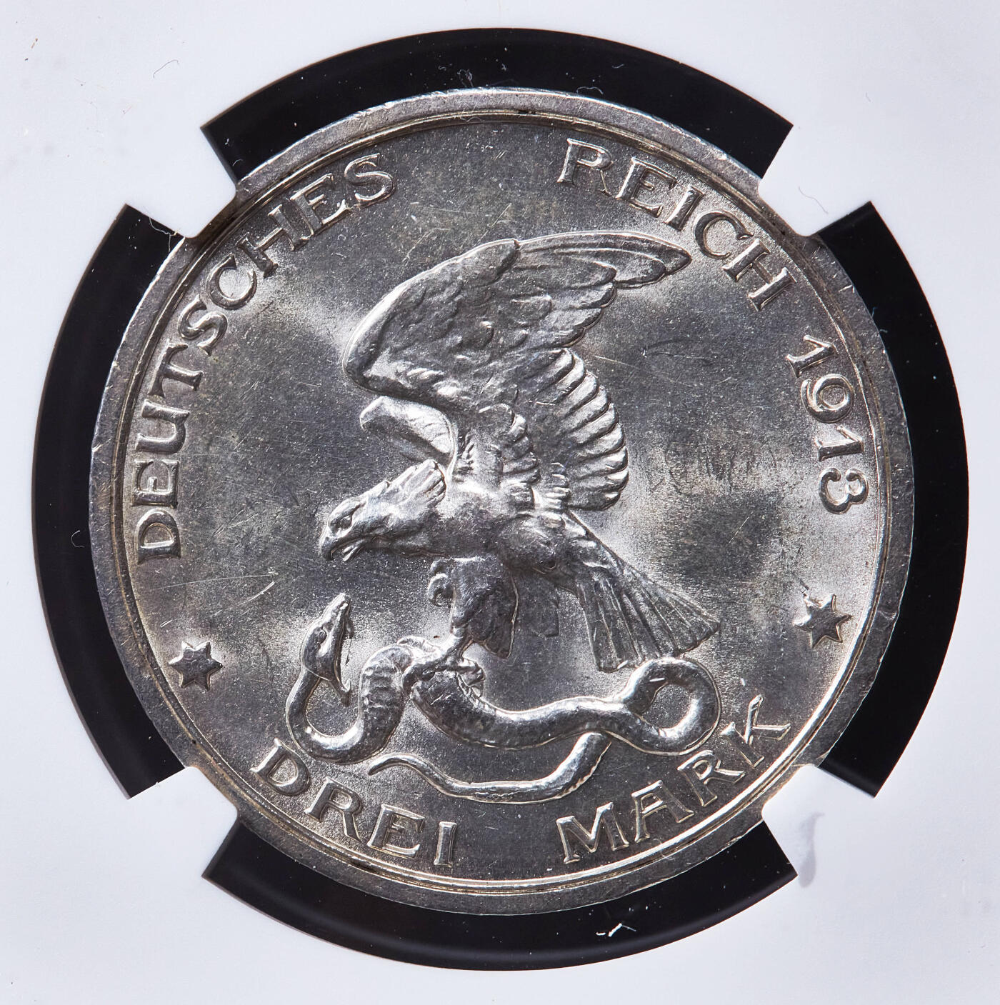 【俄甄集藏】2026年(049)03-18星期三 晚 19:30 全场包邮 德国普鲁士1913年A版反法战争胜利百年3马克银币，NGC MS62，转光品相