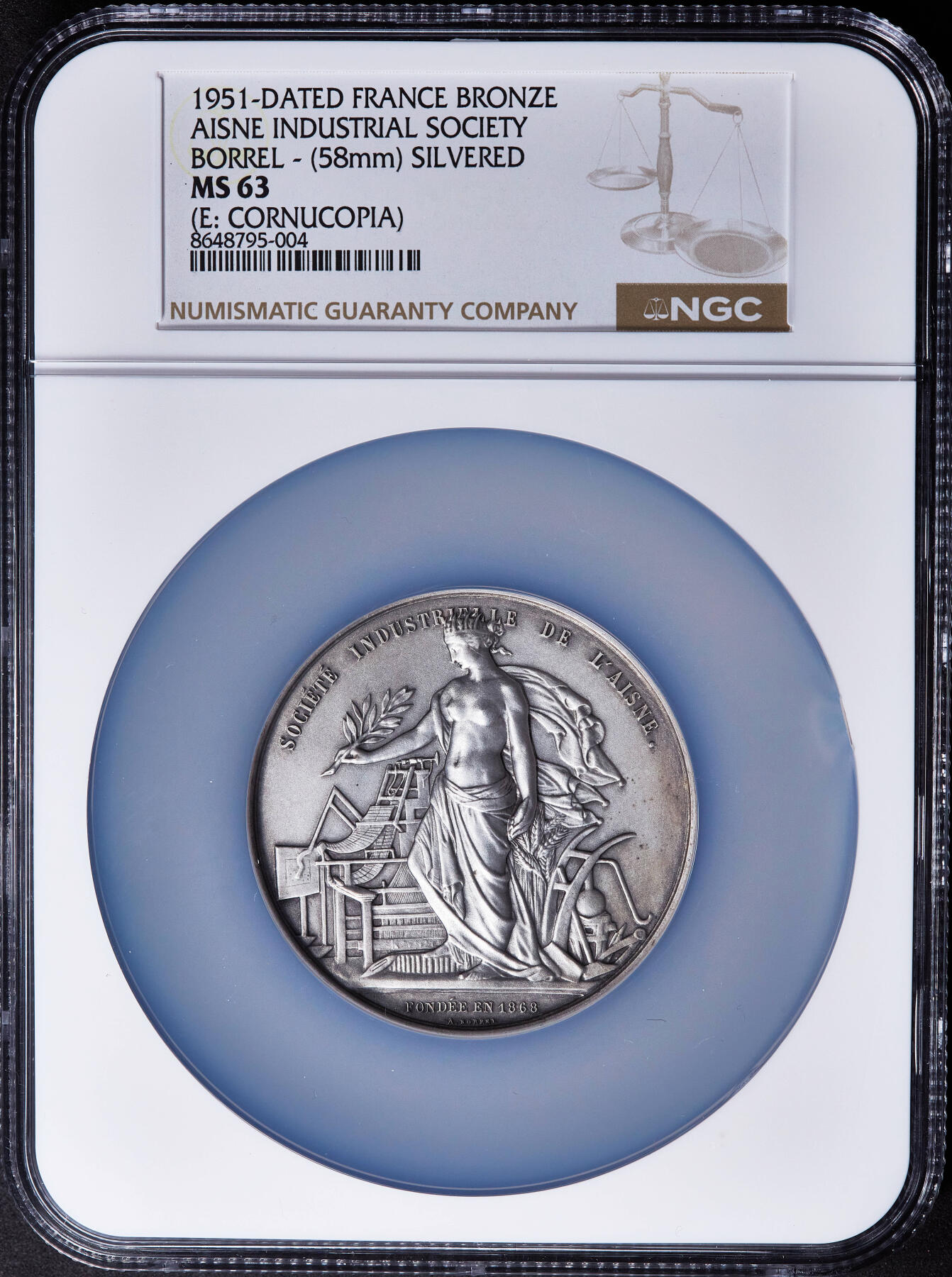 【俄甄集藏】2026年(049)03-18星期三 晚 19:30 全场包邮 法国1951年工业女神站像埃纳省工业协会镀银大铜章，NGC MS63，直径58mm，丰饶角铭，授予P·法尔夫表彰在铸造行业20年服务的贡献，雕刻师博雷尔作品