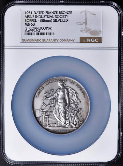 【俄甄集藏】2026年(049)03-18星期三 晚 19:30 全场包邮 - 法国1951年工业女神站像埃纳省工业协会镀银大铜章，NGC MS63，直径58mm，丰饶角铭，授予P·法尔夫表彰在铸造行业20年服务的贡献，雕刻师博雷尔作品