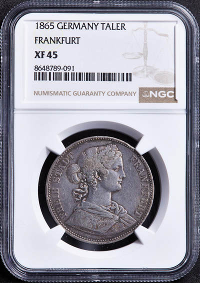 【俄甄集藏】2026年(049)03-18星期三 晚 19:30 全场包邮 - 德国法兰克福1865年少女1泰勒银币，NGC XF45，经典品种，酱彩老包浆
