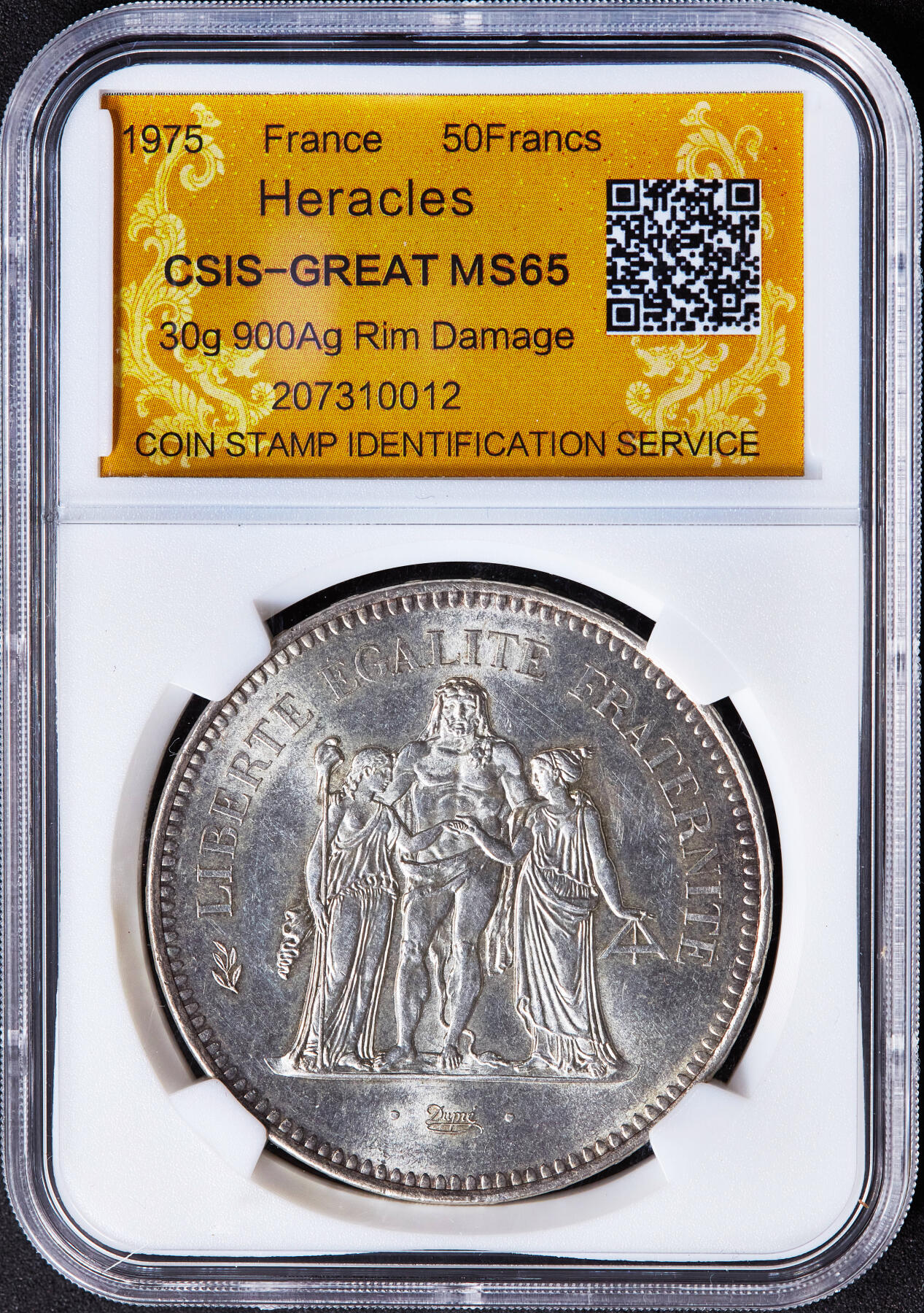 【俄甄集藏】2026年(049)03-18星期三 晚 19:30 全场包邮 法国1975年大力神50法郎大银币，信泰 MS65，重30克，900银，转光品相