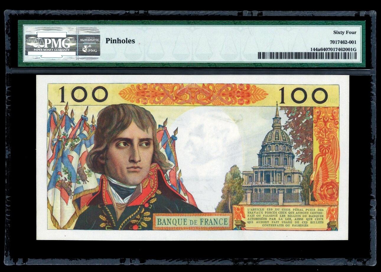 【Blue Auction】世界纸币精拍第795期——18级TOP拍卖/信誉/品质/专业/高效💫 法国 1963年100新法郎 拿破仑 PMG64 