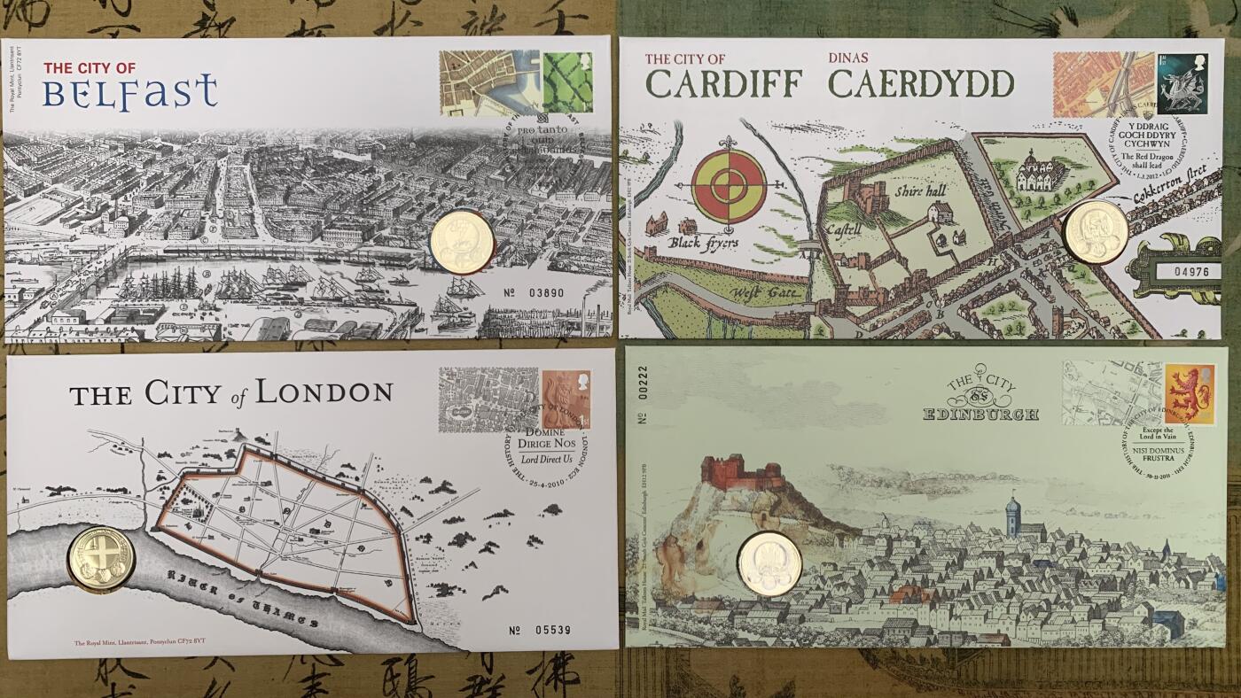 《竞宝斋》第471场 周日，周一，周二 3场连拍 （全场包邮）欢迎送拍 四枚一组 2010-2012年英国1英镑邮币封首日封 城市系列