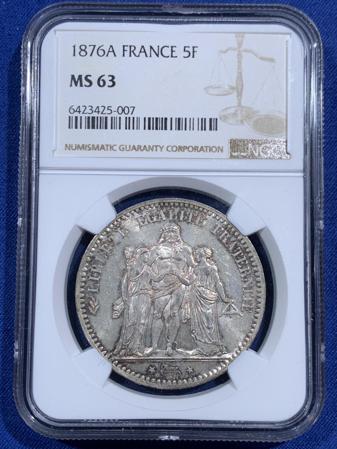 《竞宝斋》第471场 周日，周一，周二 3场连拍 （全场包邮）欢迎送拍 NGC MS63 法国 1876年 A 大力神 5法郎银币 细节见图