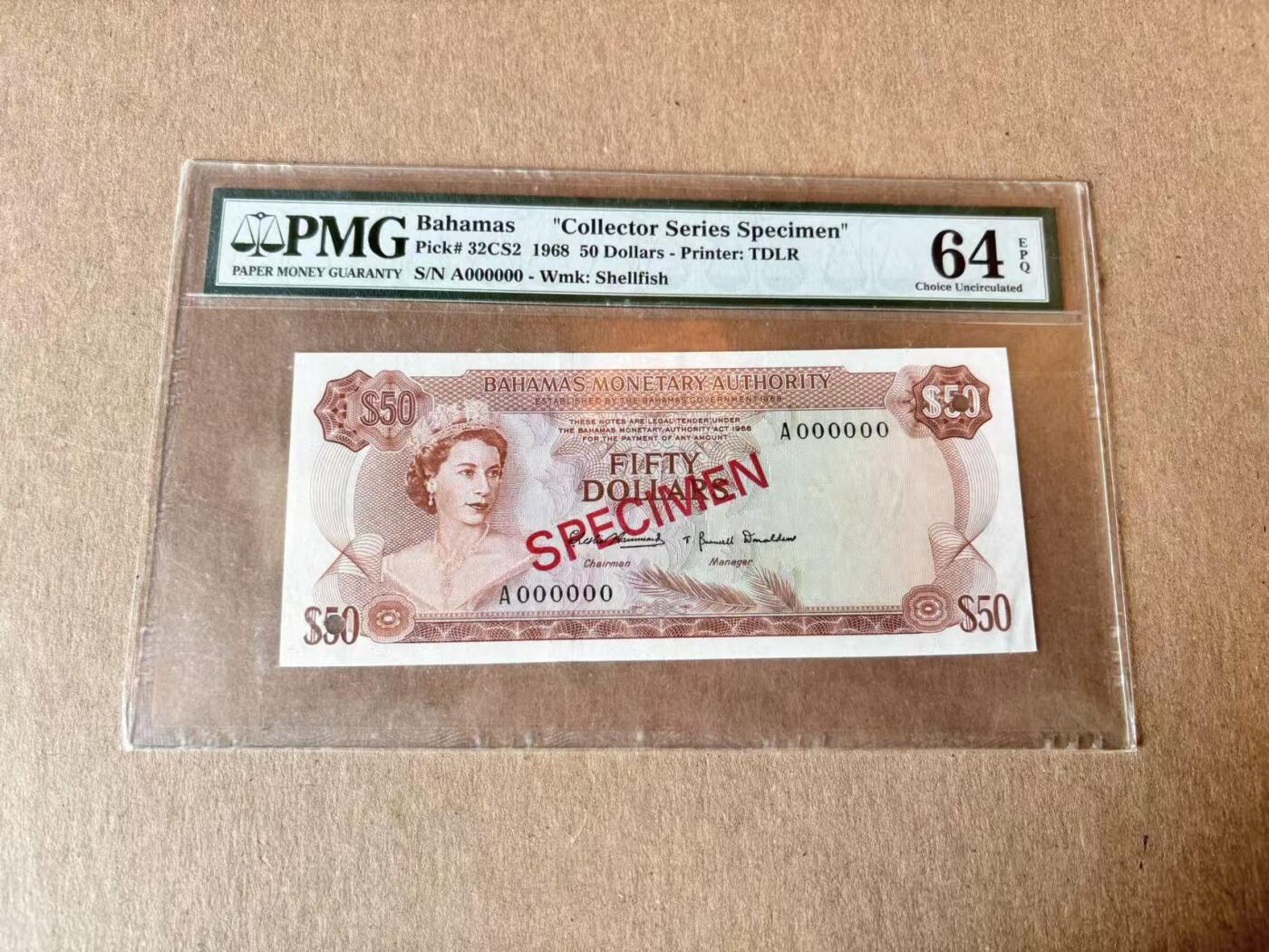 【Blue Auction】世界纸币精拍第795期——18级TOP拍卖/信誉/品质/专业/高效💫 【样钞】巴哈马 1968年50元 海港贸易风情 水果摊 彩背 女王 次高值 印刷品质相同 实钞价格太贵 凑套可暂替代 PMG64EPQ  