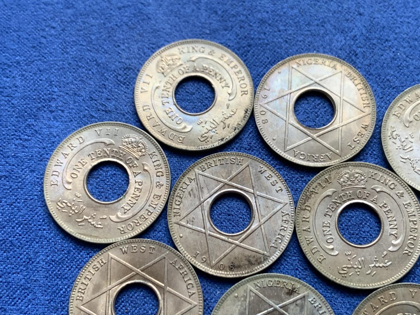 《竞宝斋》第471场 周日，周一，周二 3场连拍 （全场包邮）欢迎送拍 10枚一组 英属西非1908年爱德华七世1/10便士 好品