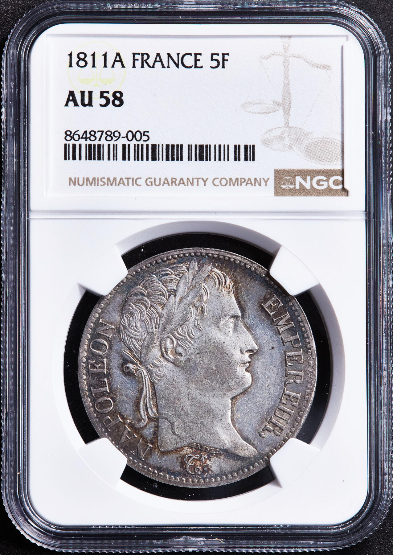 【俄甄集藏】2026年(049)03-18星期三 晚 19:30 全场包邮 法国1811年拿破仑帝国A版5法郎大银币，NGC AU58，五彩包浆，底光犹存，经典品种