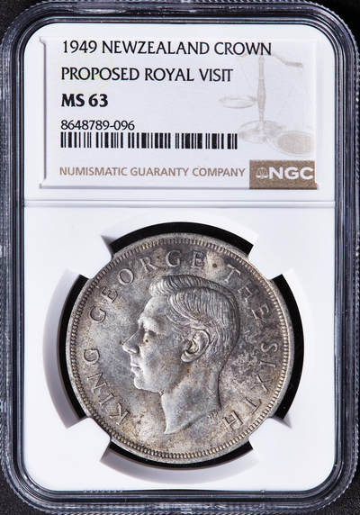 【俄甄集藏】2026年(049)03-18星期三 晚 19:30 全场包邮 - 新西兰1949年乔治六世1克朗大银币，NGC MS63，原味老包浆，转光品相