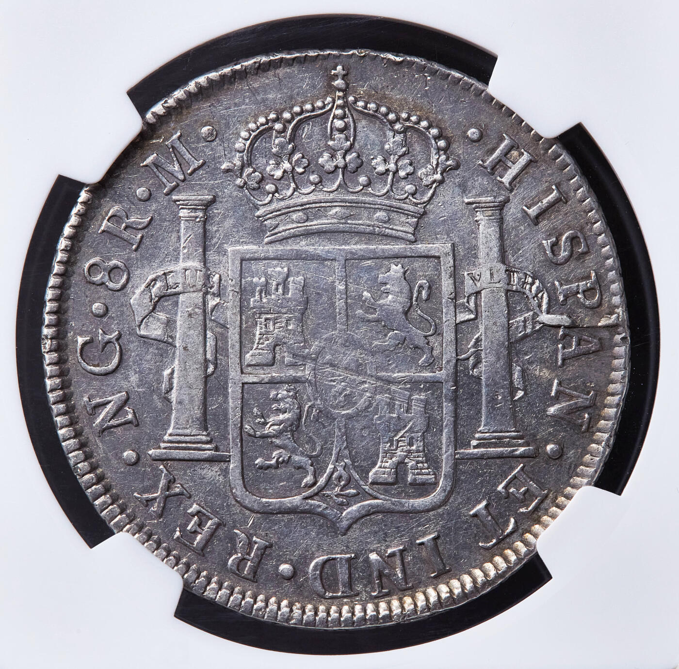 【俄甄集藏】2026年(049)03-18星期三 晚 19:30 全场包邮 西属危地马拉1821年费迪南七世NG M版8里亚尔双柱大银币，NGC AU53，原味老包浆，打制周正，味道佳