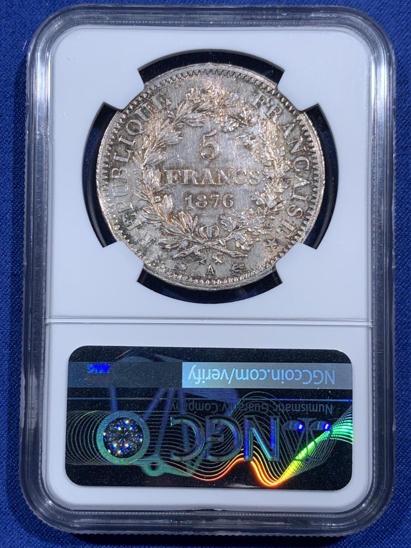 《竞宝斋》第471场 周日，周一，周二 3场连拍 （全场包邮）欢迎送拍 NGC MS63 法国 1876年 A 大力神 5法郎银币 细节见图