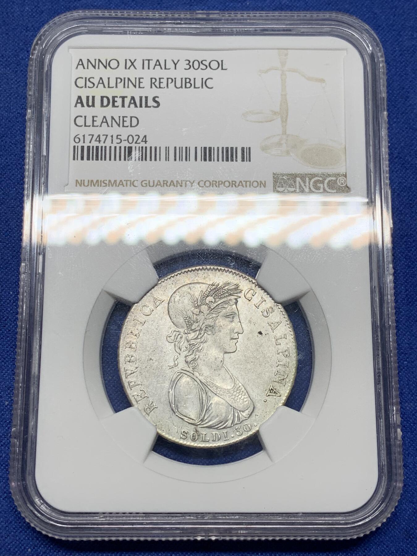 《竞宝斋》第471场 周日，周一，周二 3场连拍 （全场包邮）欢迎送拍 NGC AUD 意大利 阿尔卑斯（山南）共和国 1801年 30索尔迪 银币 拿破仑在意大利北部建立的国家 仅存在4年 很少见的品种