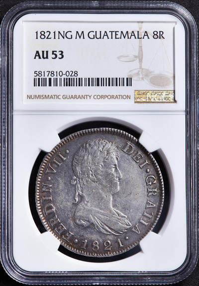 【俄甄集藏】2026年(049)03-18星期三 晚 19:30 全场包邮 - 西属危地马拉1821年费迪南七世NG M版8里亚尔双柱大银币，NGC AU53，原味老包浆，打制周正，味道佳