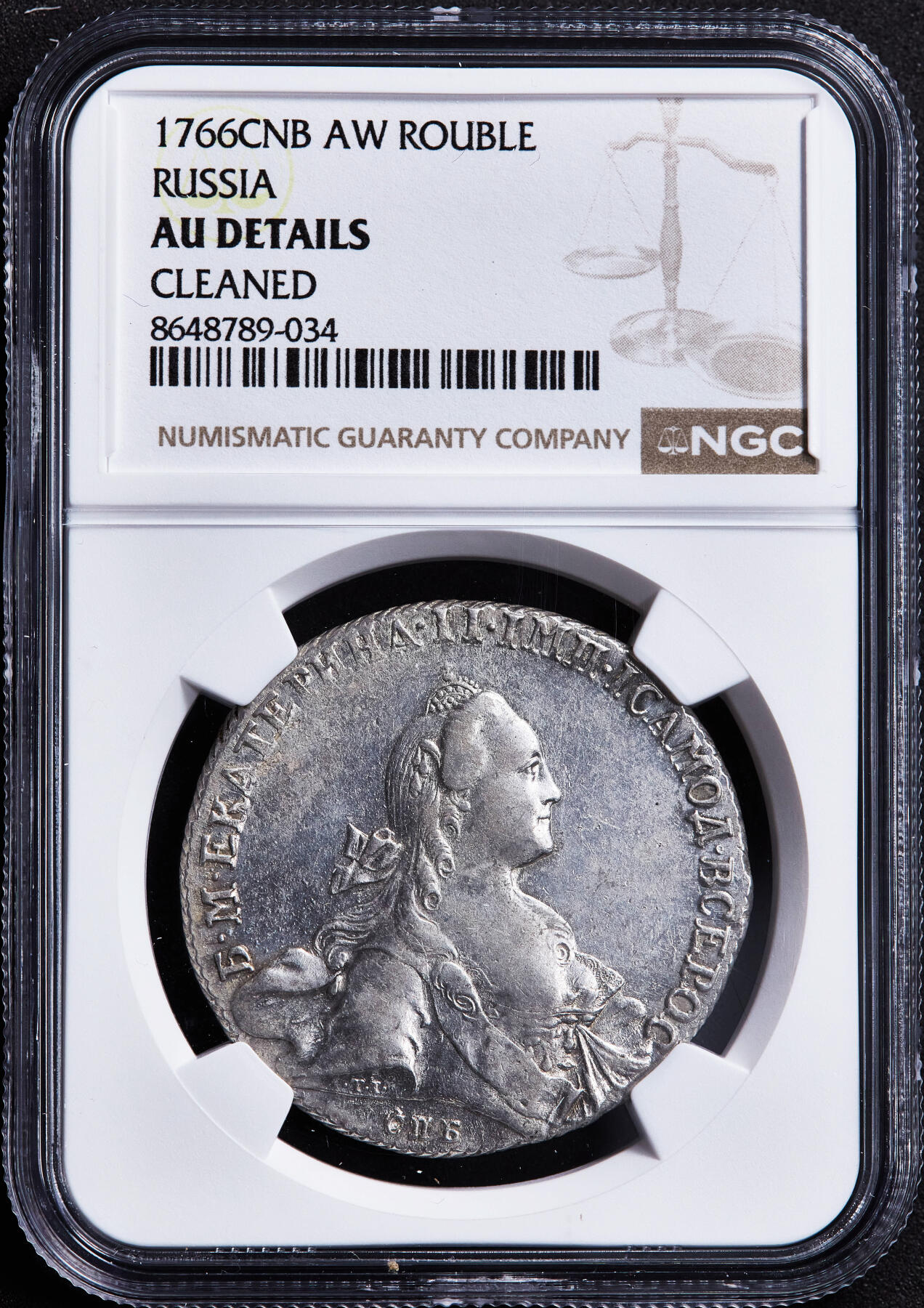 【俄甄集藏】2026年(049)03-18星期三 晚 19:30 全场包邮 沙俄1766年叶卡捷琳娜二世青年版СПБ厂TI АШ标1卢布大银币，NGC AUD，原味状态，细节犀利，疑似错杀