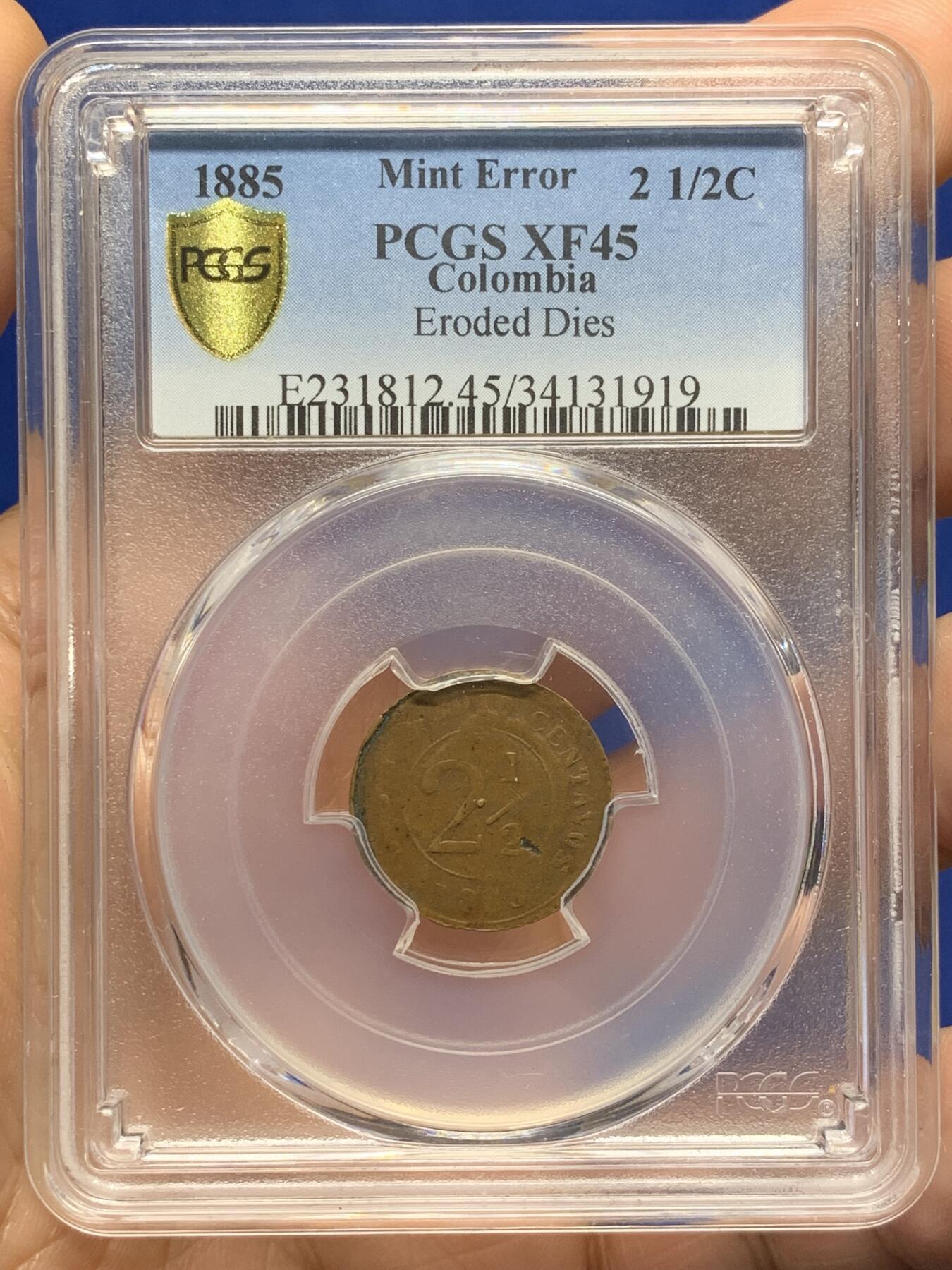 《竞宝斋》第471场 周日，周一，周二 3场连拍 （全场包邮）欢迎送拍 稀少错币 PCGS XF45 哥伦比亚1885年2.5分铜币 模具腐蚀 冠军分