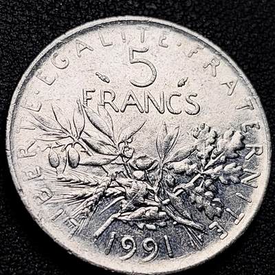 泉币菌-第211场-拍品多 请提前出价（工作最近较忙 发货不及时，望理解） - 法国早期（1991年）5法郎大镍币 29MM 播种女神 入欧前末版 绝版币