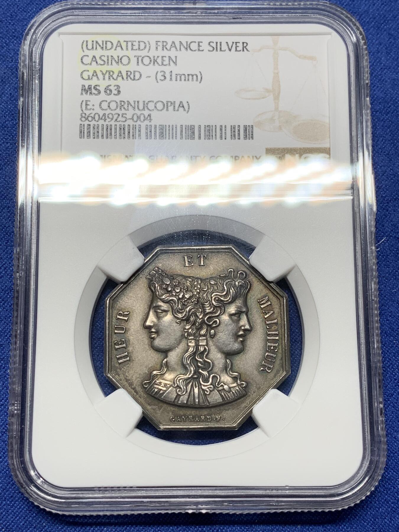 《竞宝斋》第472场 周日，周一，周二 3场连拍 （全场包邮）欢迎送拍 NGC MS63 法国双面神雅努斯婚姻爱情题材八角银质jeton，没有不带刺的玫瑰，也没有没有烦恼的爱情