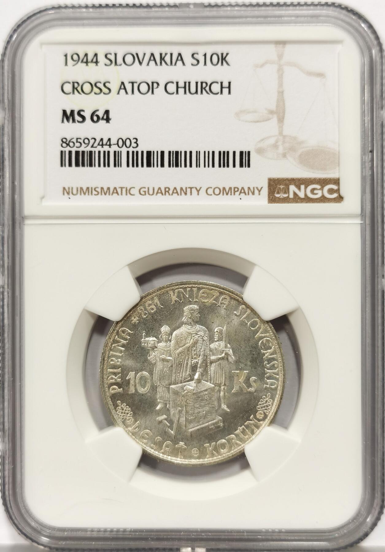 博洋堂世界钱币拍卖第165期（全场包邮） NGC MS64 斯洛伐克1944年10克朗银币，卷拆原光好品，近PL质感，状态很好。